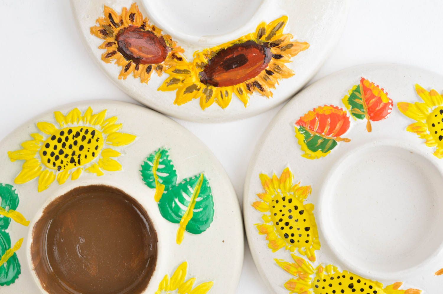Set of 3 flat ceramic plate tea light candle holders with sunflowers 0,79 inches, 0,66 lb photo 5