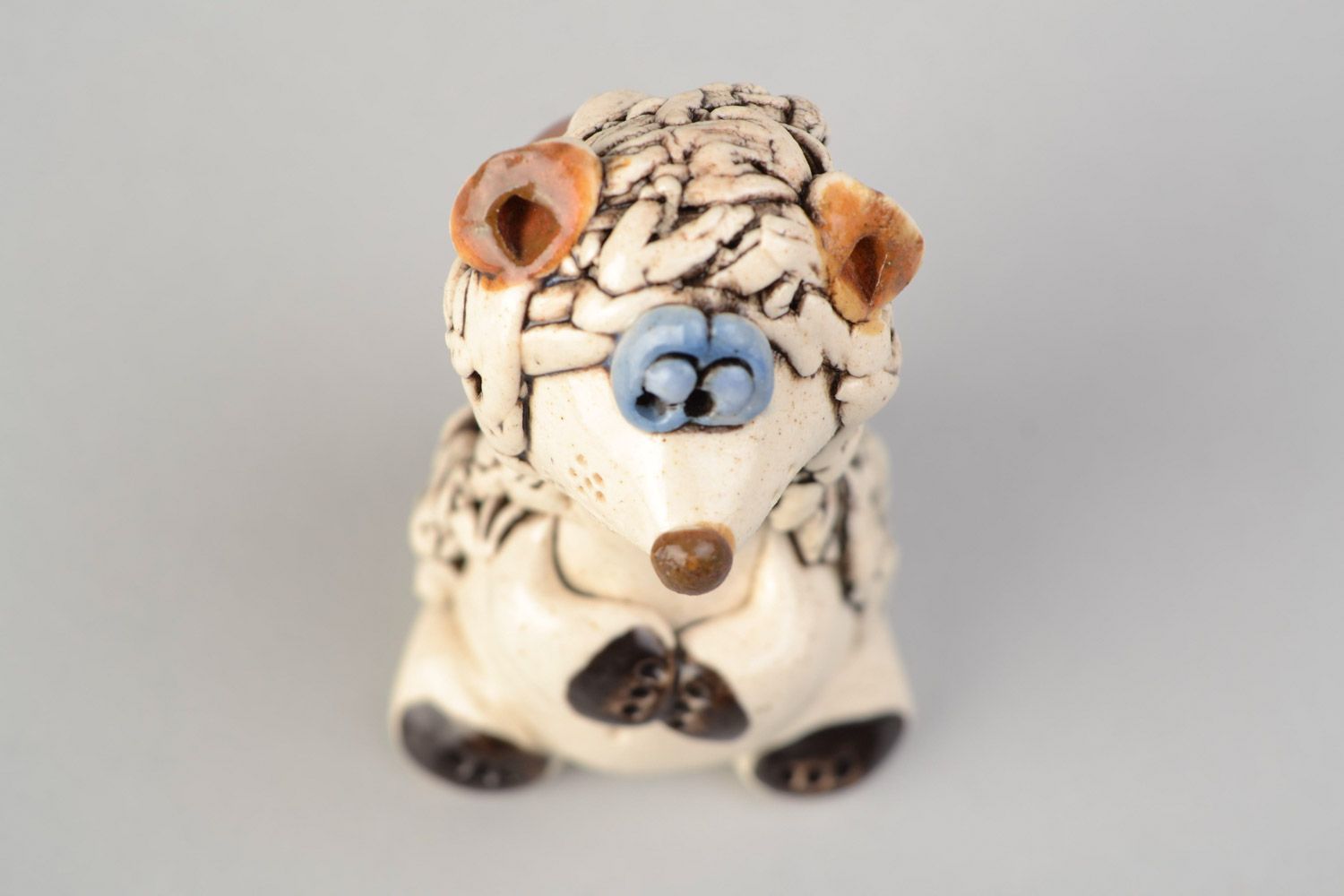 Handmade decorative miniature ceramic figurine of hedgehog with mushroom photo 3