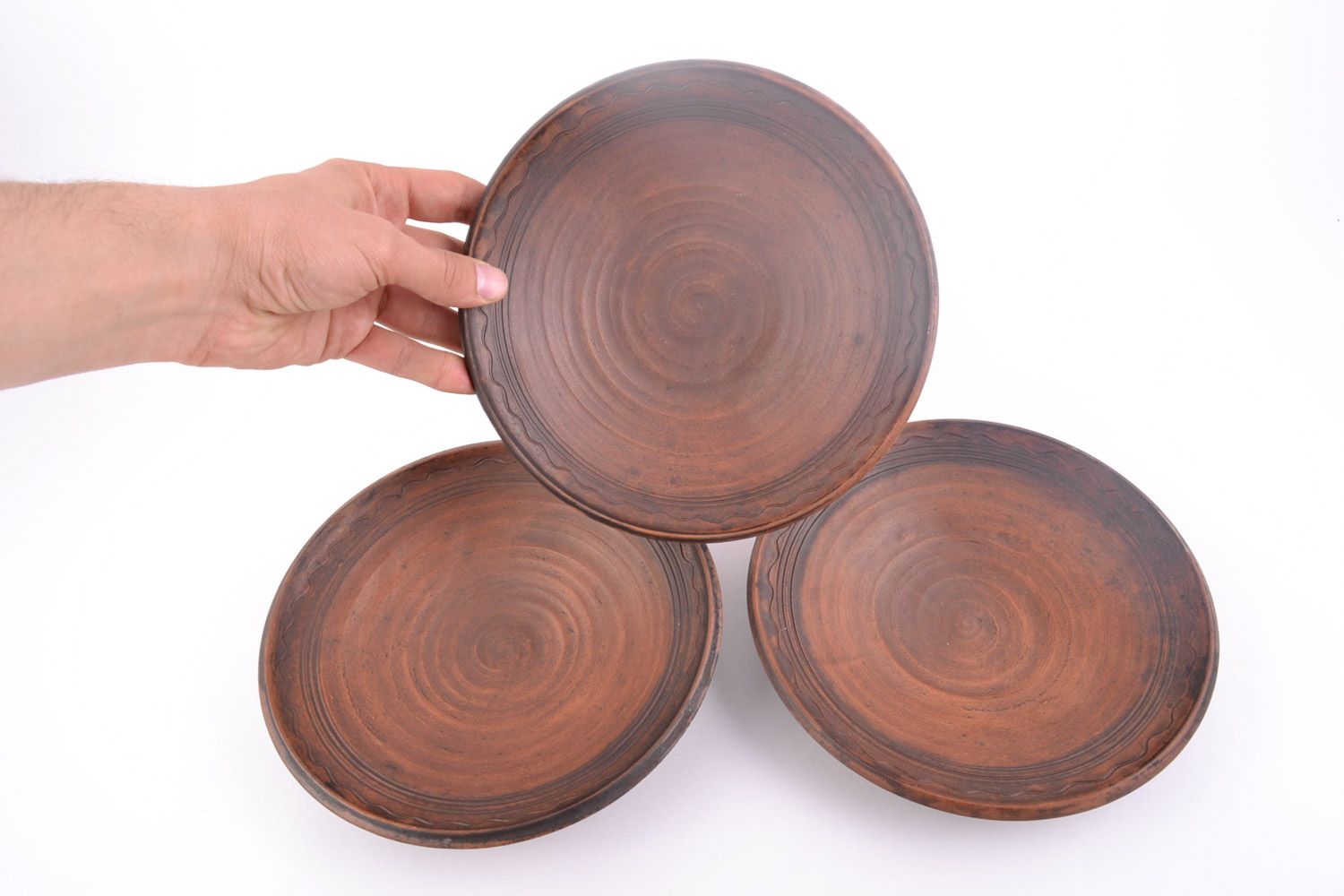 Set of 3 handmade flat red clay table plates kilned with the use of milk photo 3