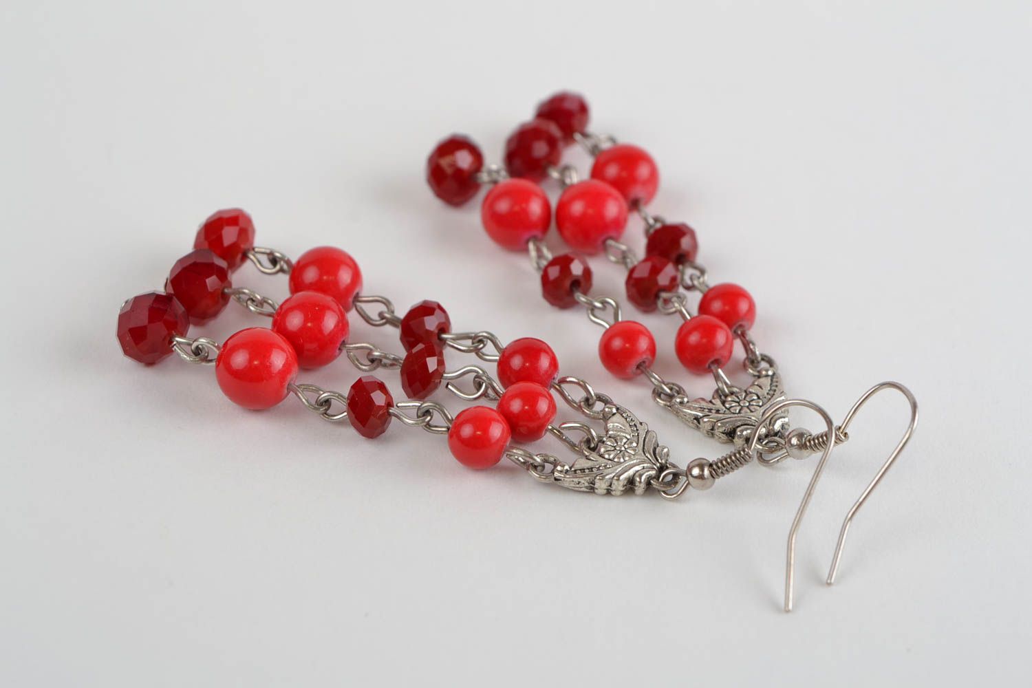 Red cute handmade unusual handmade earrings made of Czech glass for girls photo 5