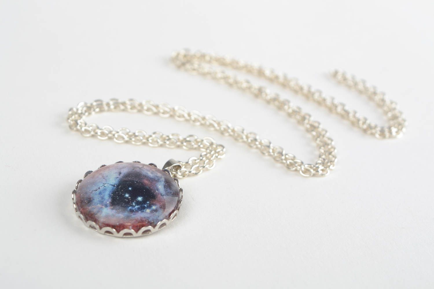 Handmade designer round glass pendant with image of nebula on long metal chain photo 1