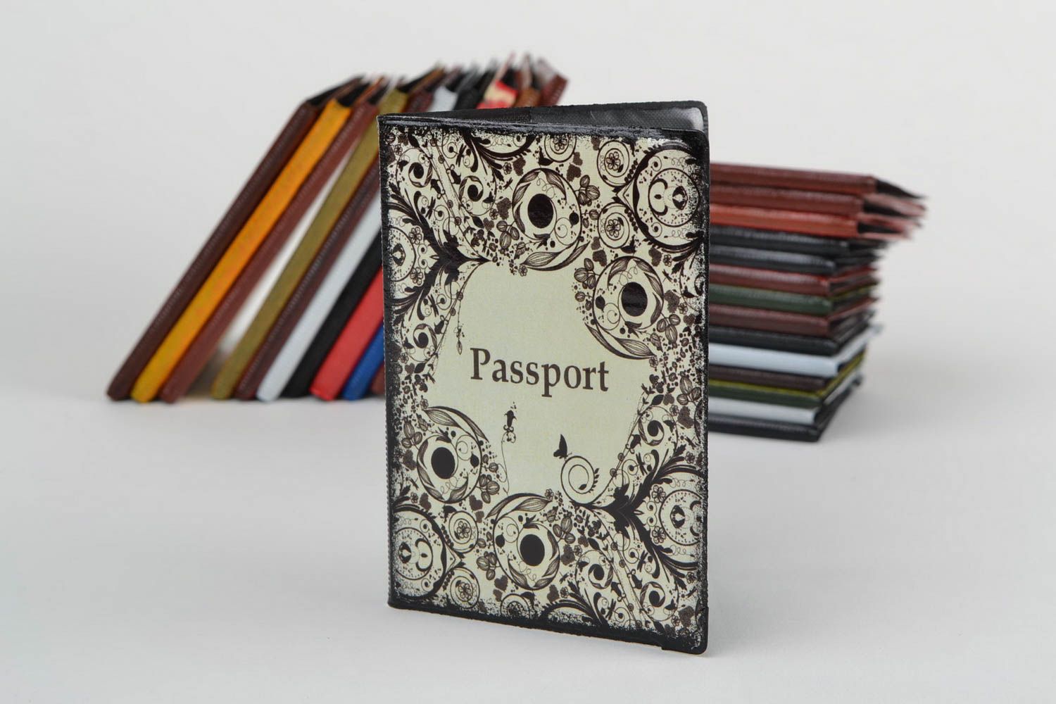 Handmade decoupage passport cover on faux leather basis with graphic ornament  photo 1