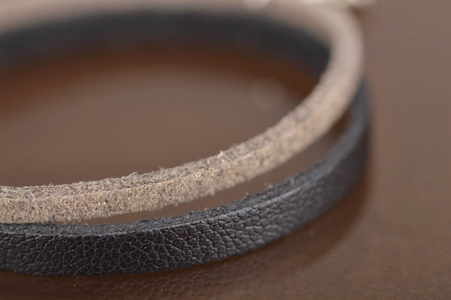 Handmade designer genuine leather cord bracelet black and beige with metal charm photo 3
