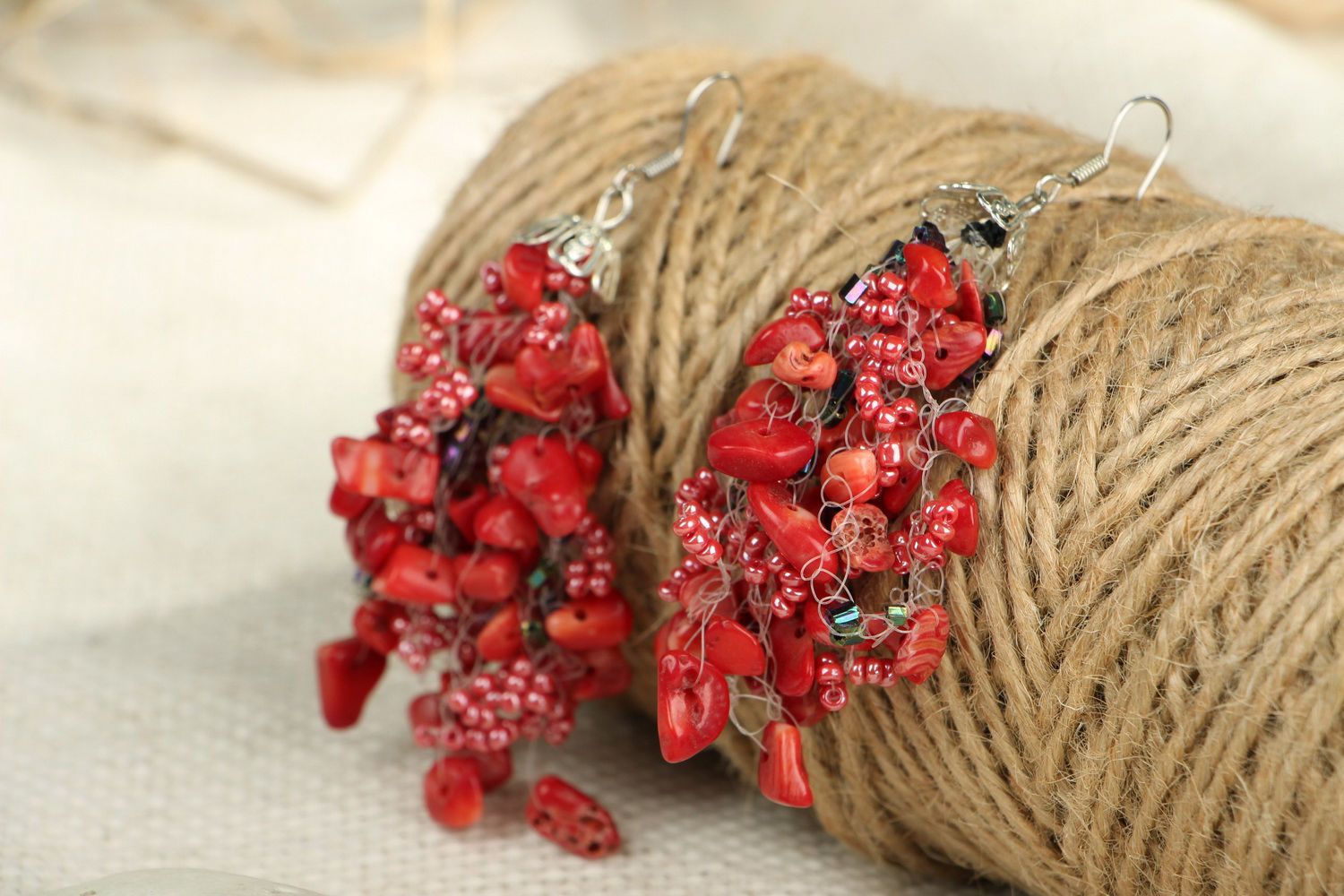 Handmade designer earrings woven of Czech beads and coral pieces photo 2