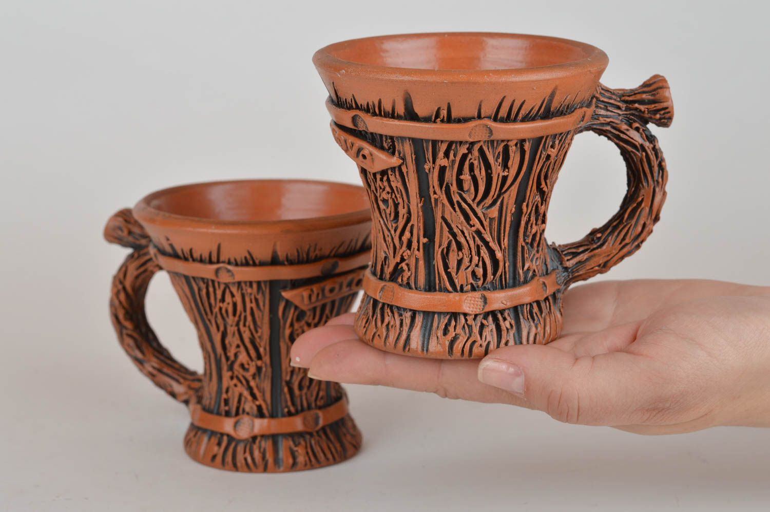 Set of 2 two clay 3 oz coffee cups with fake wood pattern and handles photo 3