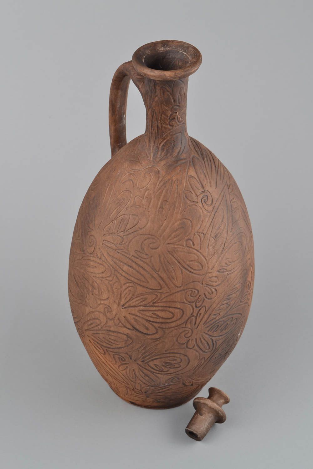 Botella de arcilla grande artesanal marrón con ornamentos original 8 l foto 4