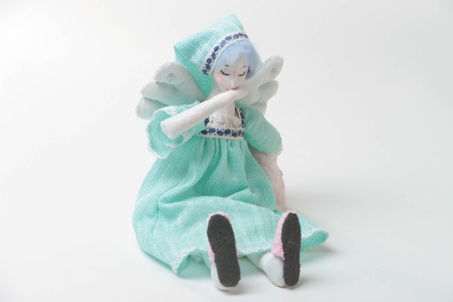 Handmade designer cotton fabric soft toy sleepy angel in blue dress and hat photo 2