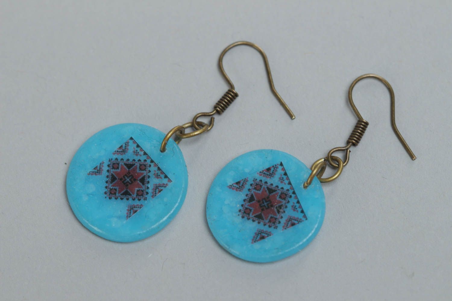 Handmade round designer earrings made of polymer clay with beautiful ethnic patterns photo 2