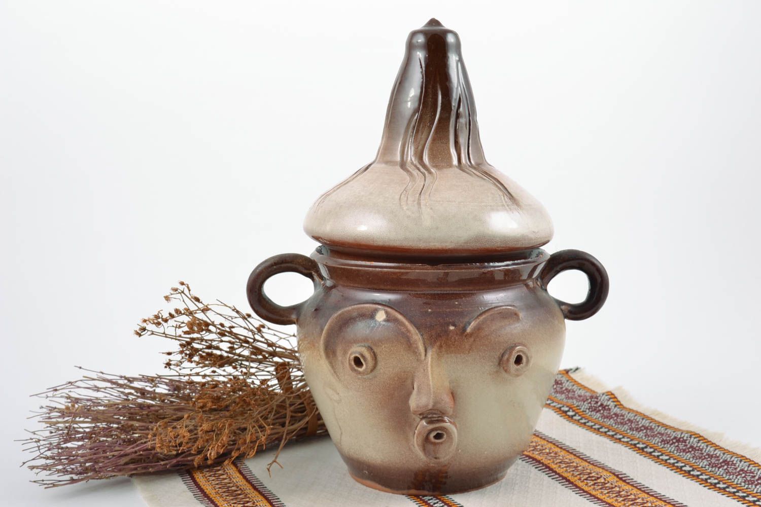 Unusual handmade designer glazed clay pot for bulk products 1 l photo 1