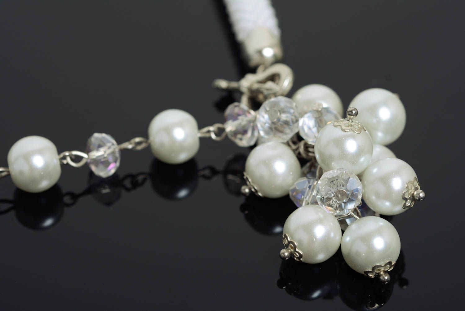 Evening white handmade designer beaded necklace unusual gentle photo 2