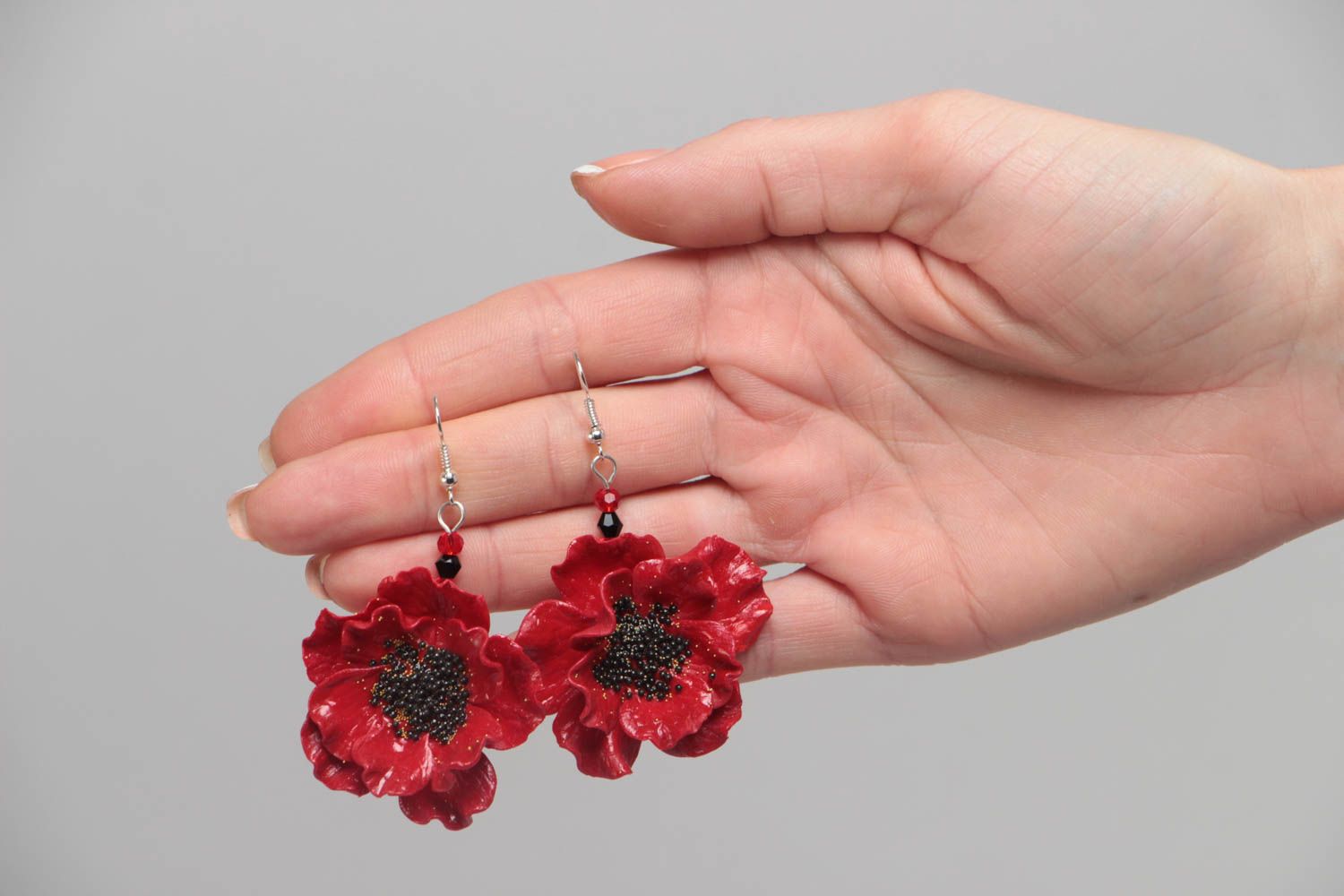 Red earrings made of polymer clay with flowers handmade elegant jewelry photo 5