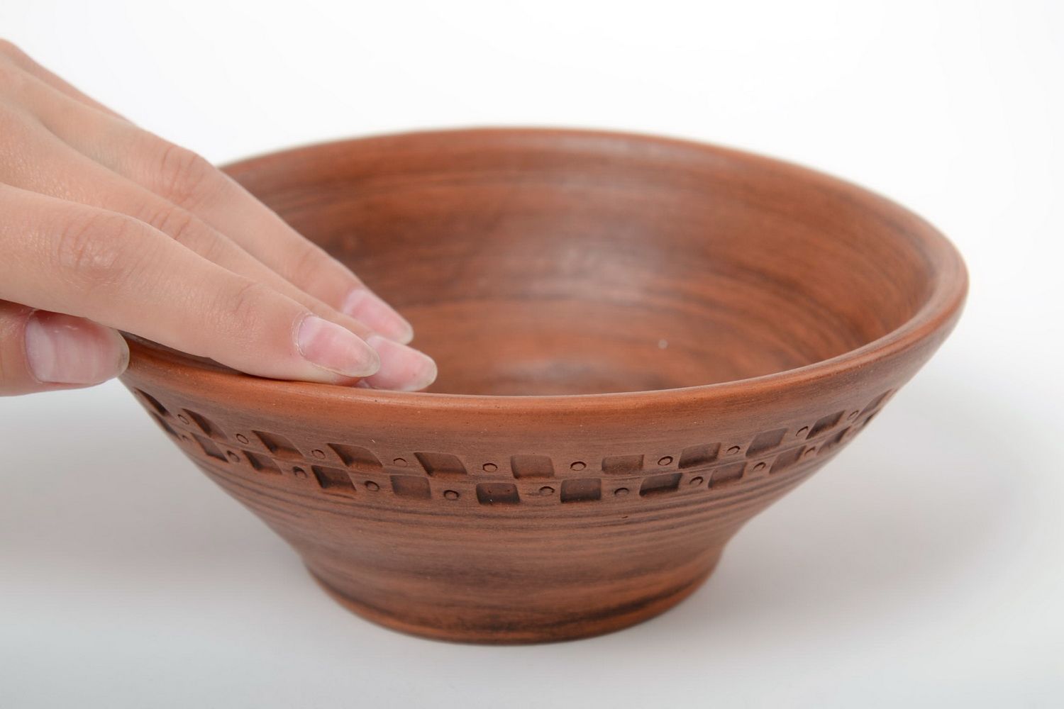 Beautiful handmade designer brown clay bowl with ornament 350 ml photo 5