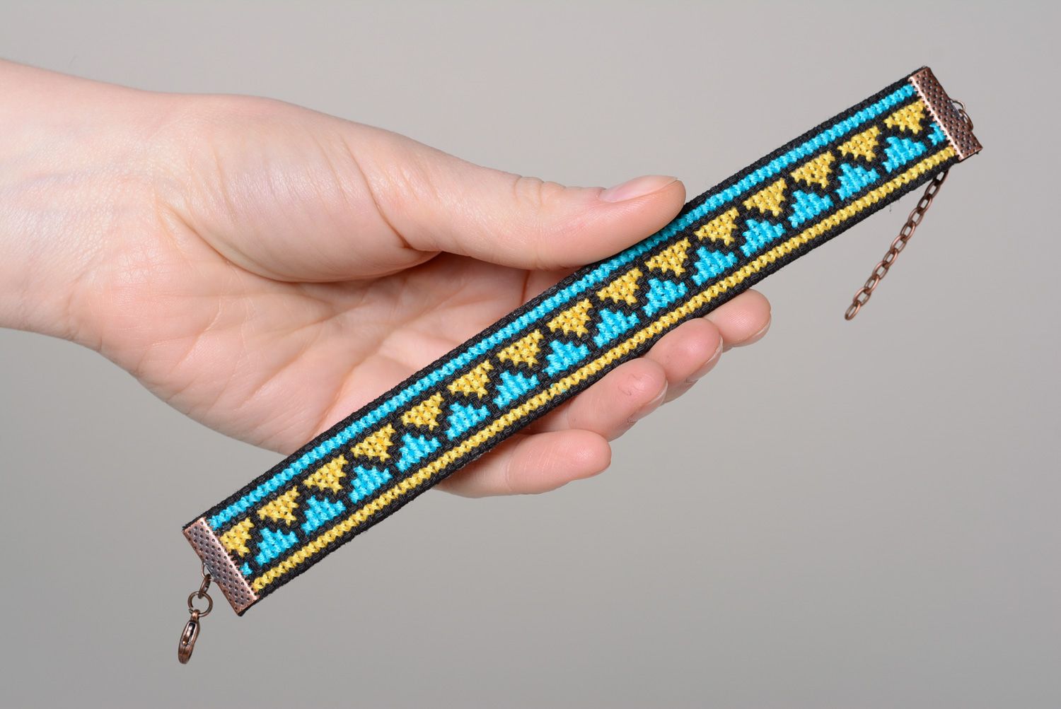 Handmade cross stitch embroidered wrist bracelet with adjustable size photo 4