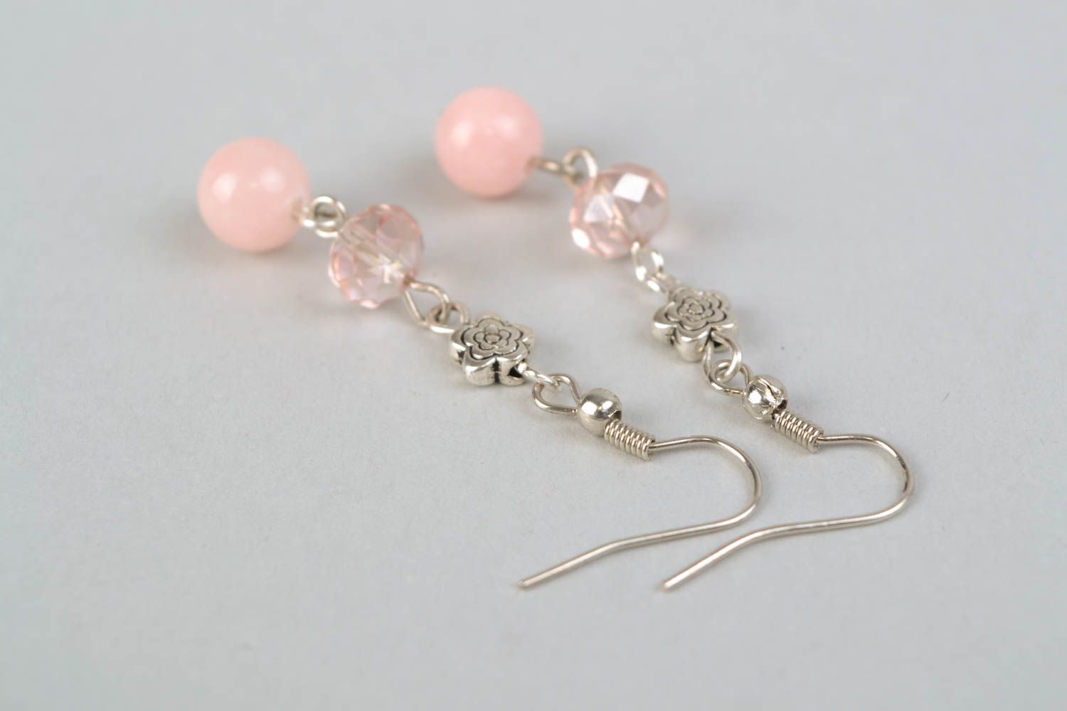 Metal earrings with pink quartz beads photo 4