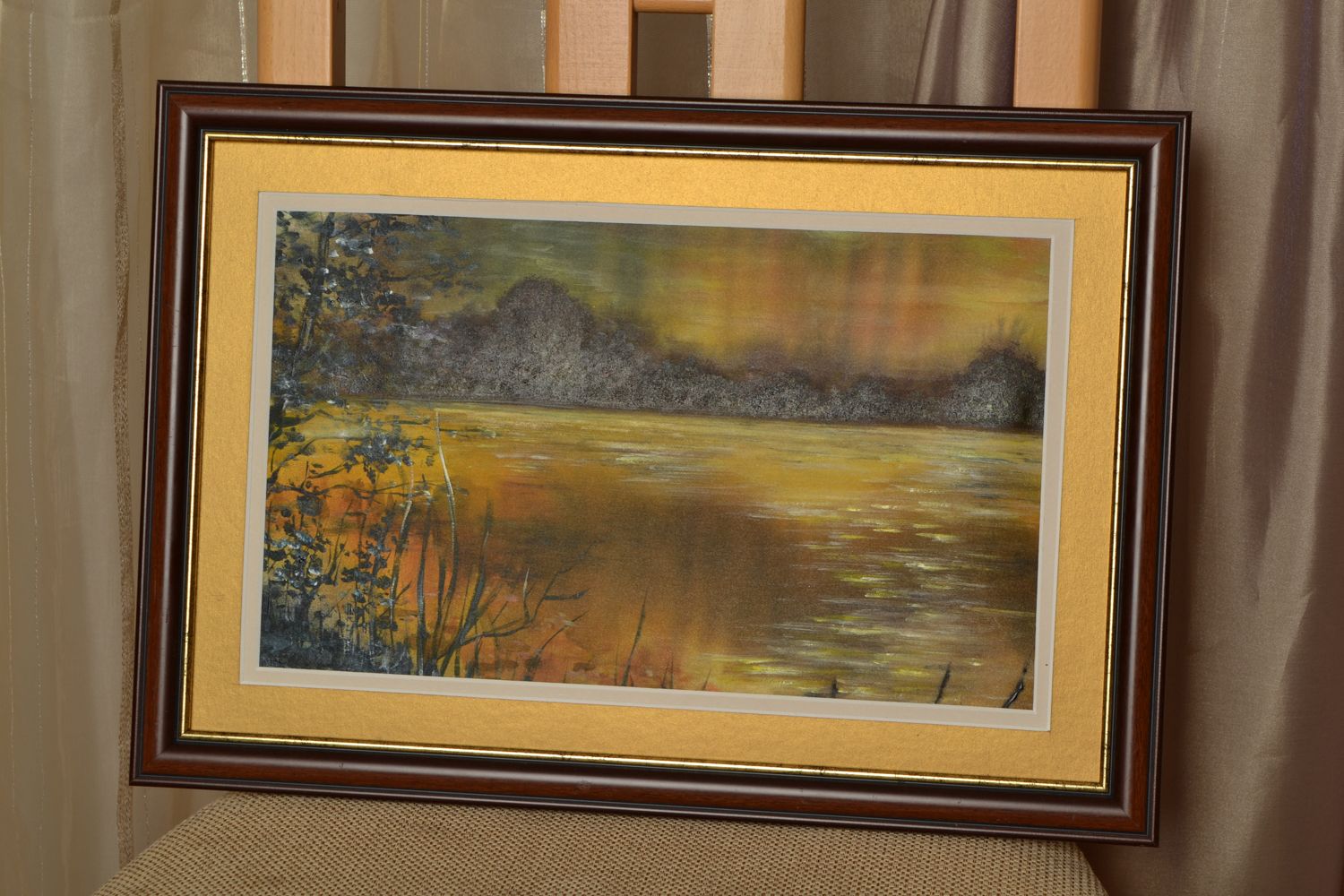 Acrylic landscape painting on fiberboard basis Evening Lake photo 1