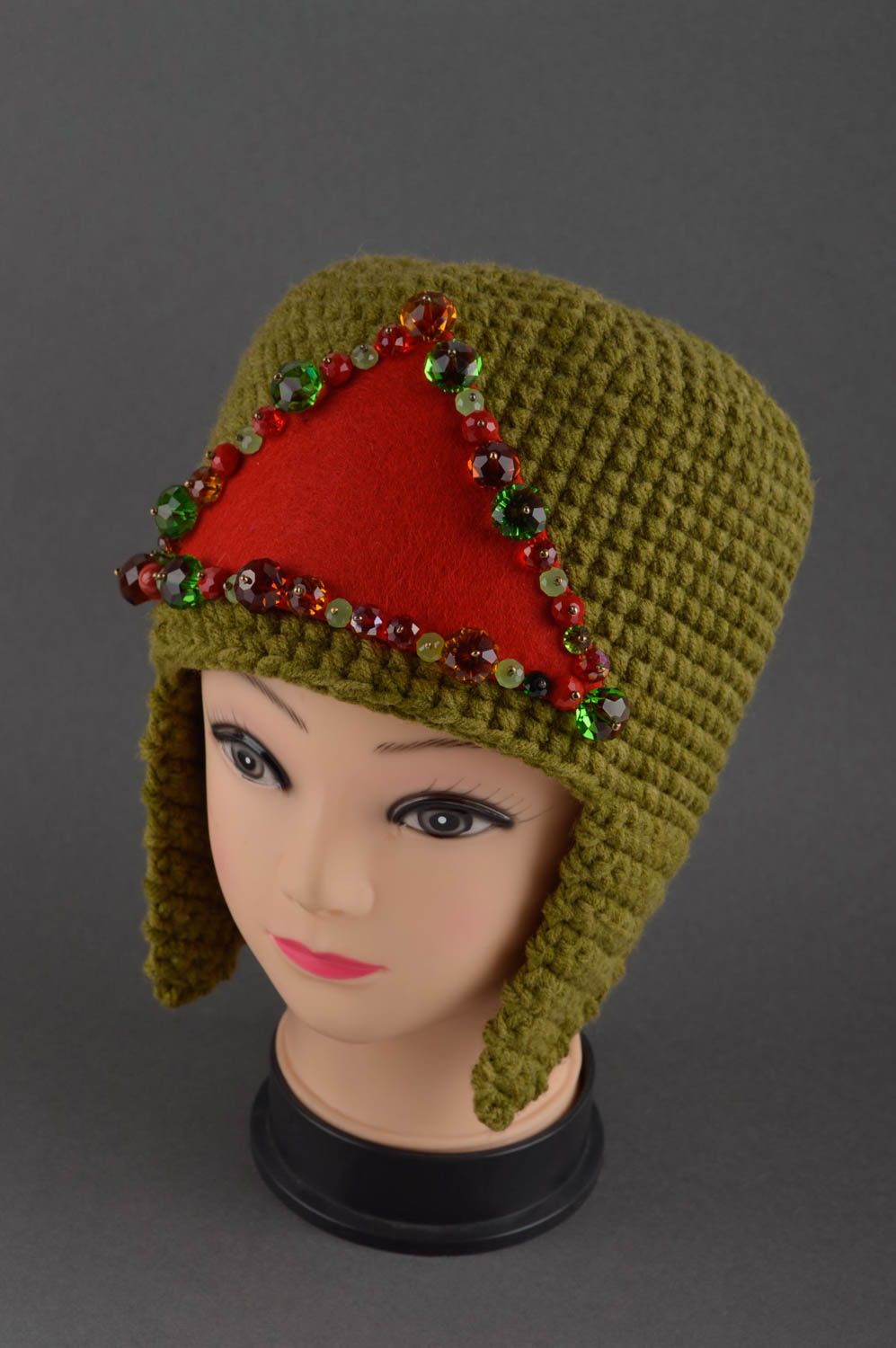 Зимняя шапка ручной работы вязаная шапка с ушками вязаная шапка зеленая модная фото 1