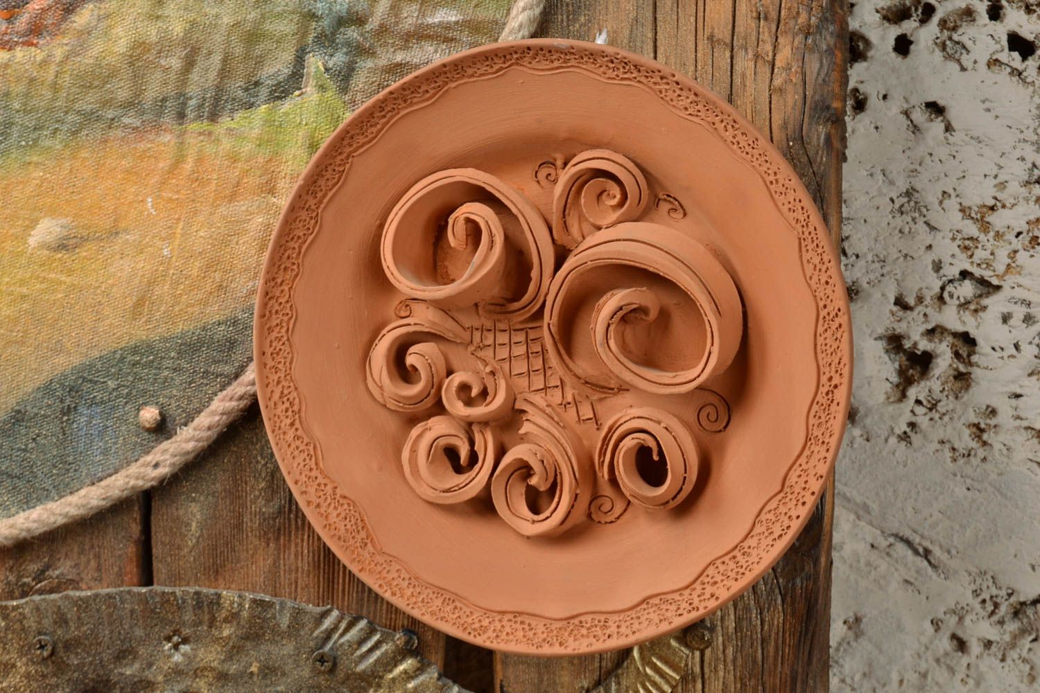 Unusual handmade decorative unpainted molded clay wall plate photo 1