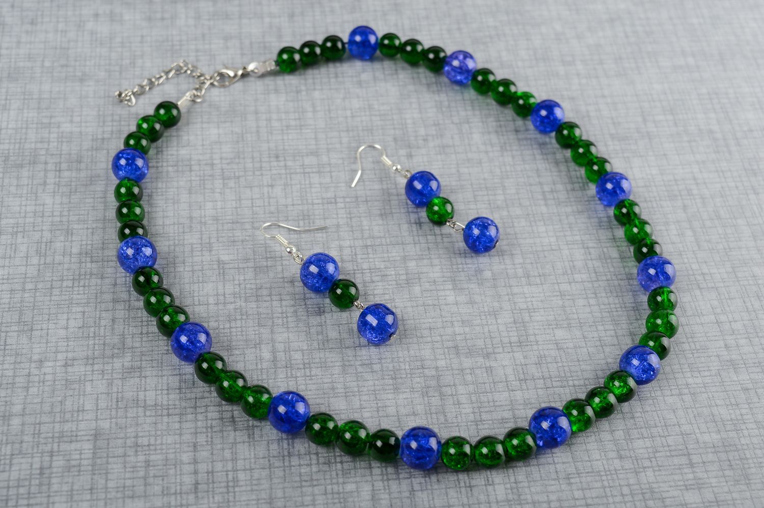 Parure de Bijoux perles verre fait main vert-bleu Collier et boucles d'oreilles photo 1