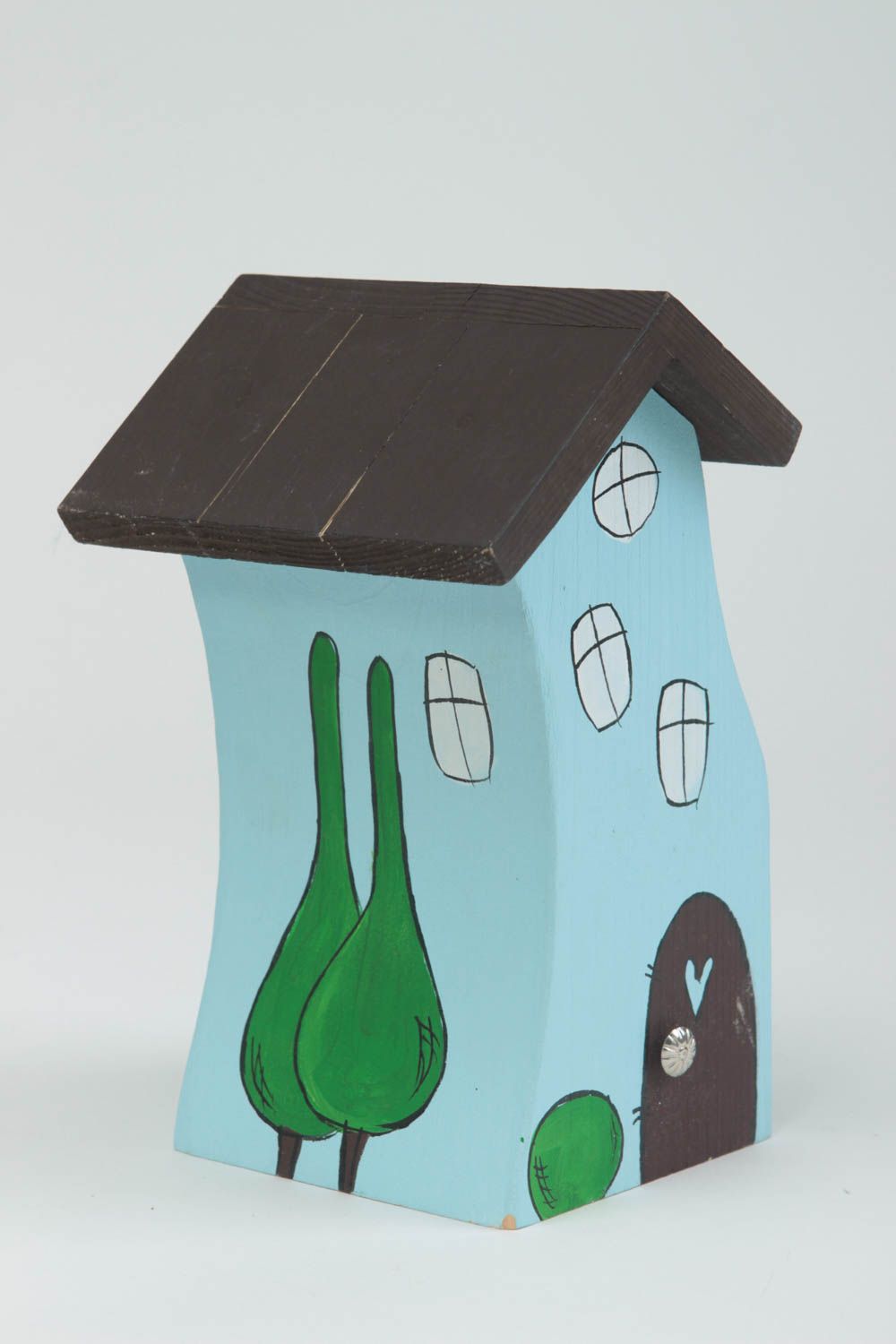 Figurine maison Statuette en bois faite main peinte bleu ciel Décoration maison photo 2