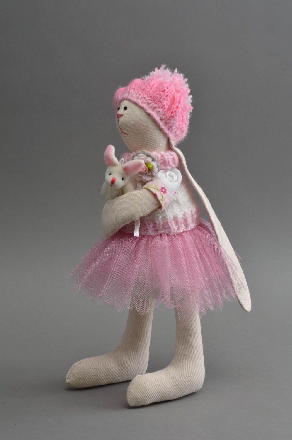 Peluche lapine en tenue rose de tissu faite main jolie originale pour enfants photo 3