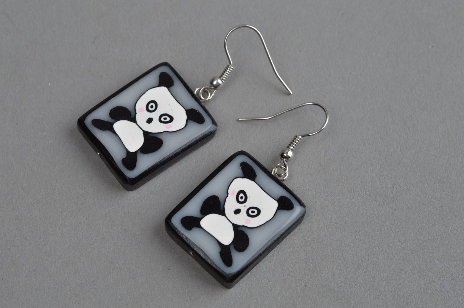 Rechteckige handgemachte Ohrringe mit Anhängern niedliche Pandas für Mädchen foto 2