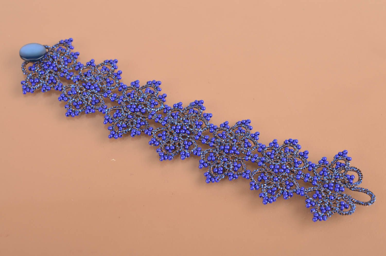 Handmade elegant designer woven lace tatting bracelet with beads blue wide photo 2