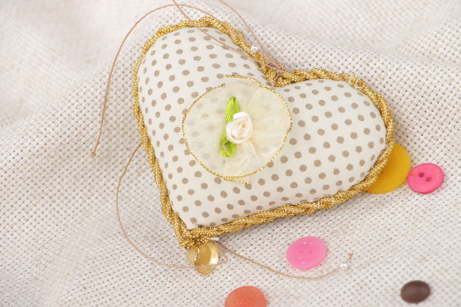 Handmade heart-shaped wall hanging sewn of polka dot fabric for interior decoration photo 5