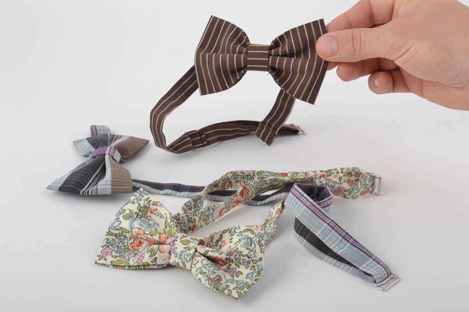 Set of 3 handmade designer fabric bow ties with adjustable straps photo 4