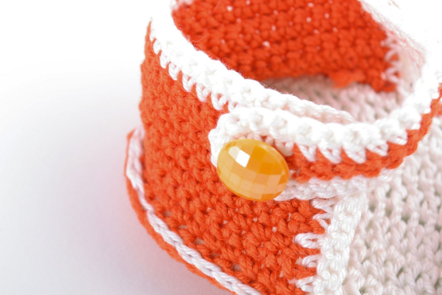 White and orange small handmade knitted baby booties sandals for girl photo 3