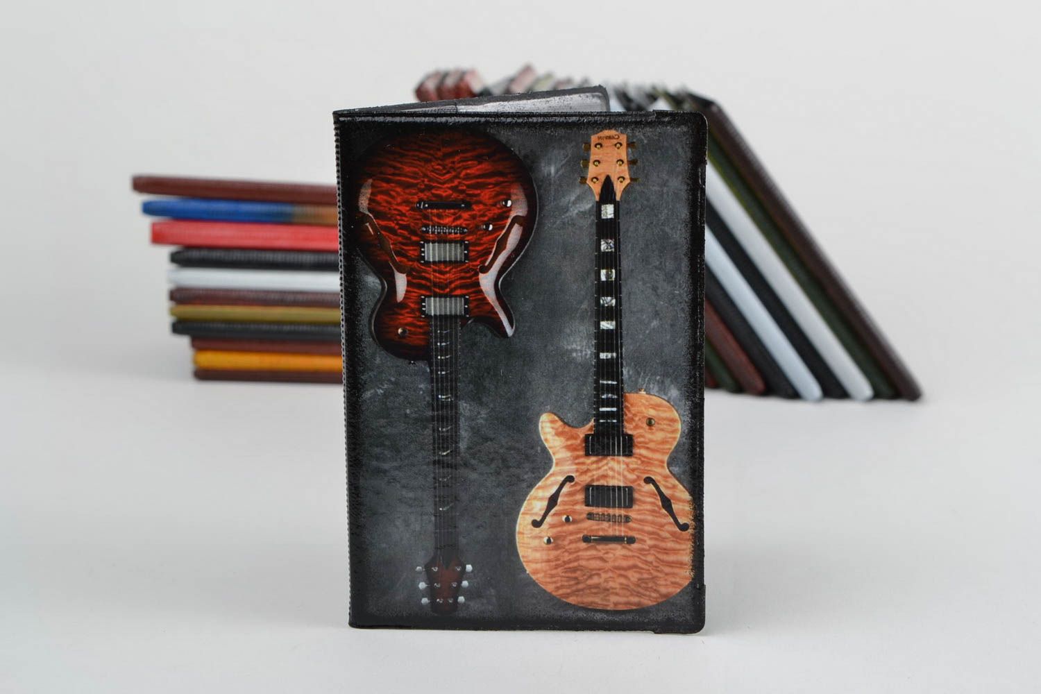 Handmade stylish faux leather passport cover decorated with decoupage Guitars photo 1