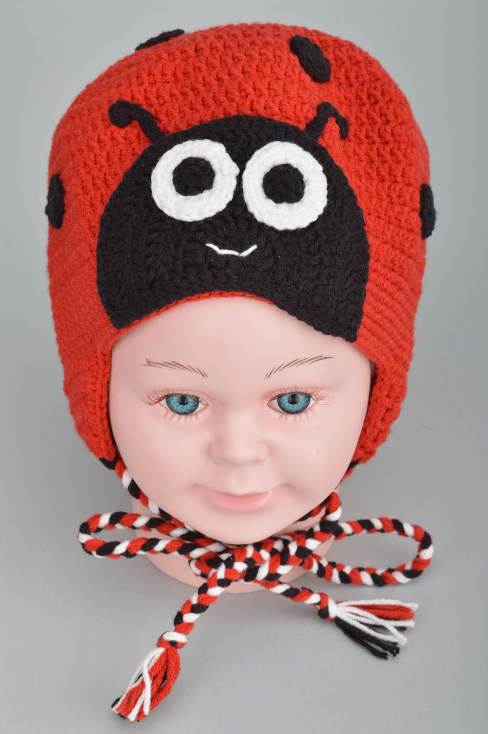 Handmade accessory crocheted hat ladybug cap red and black colors gift for girl photo 2