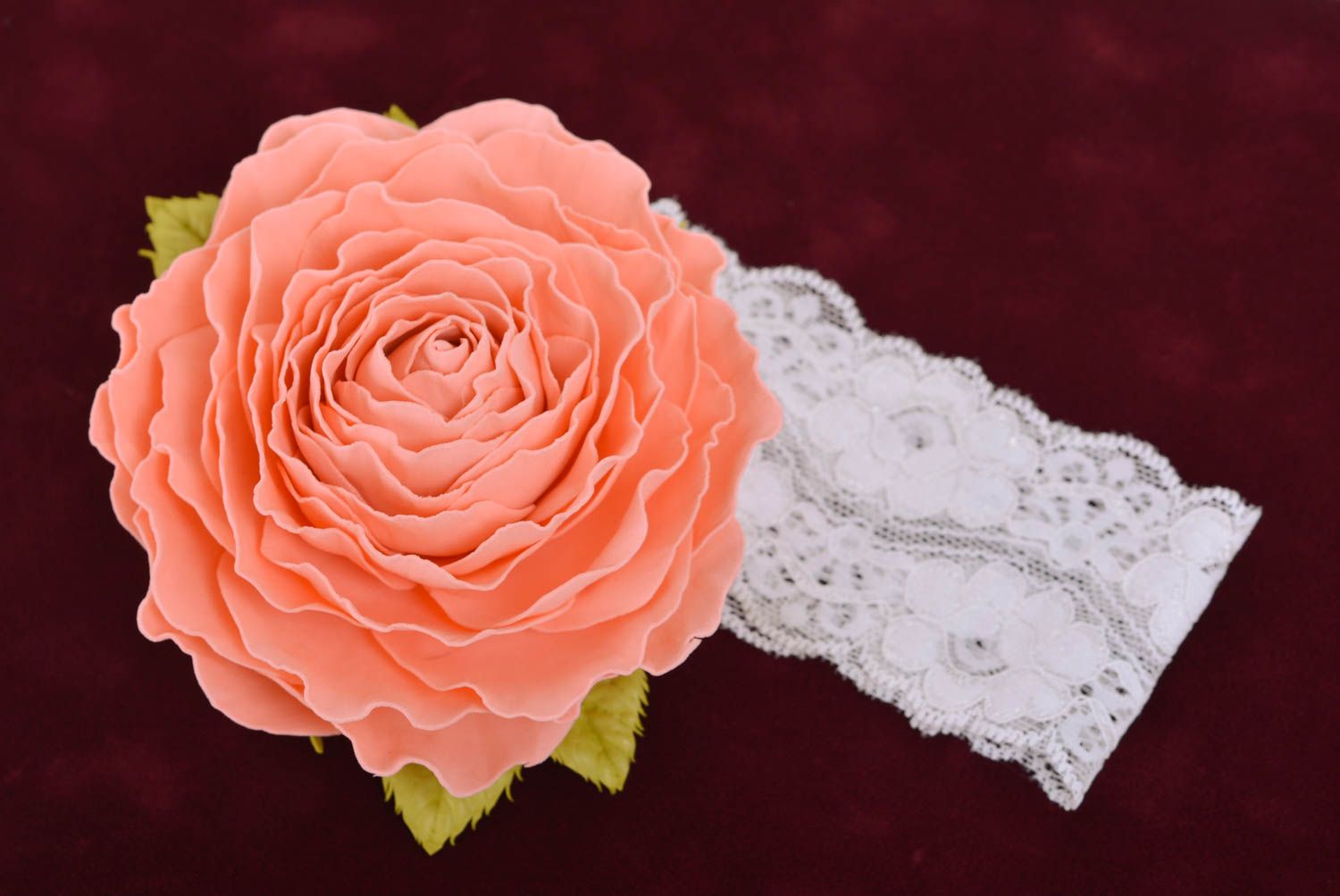 Handmade festive white lacy headband with foamiran rose flower of peach color photo 1