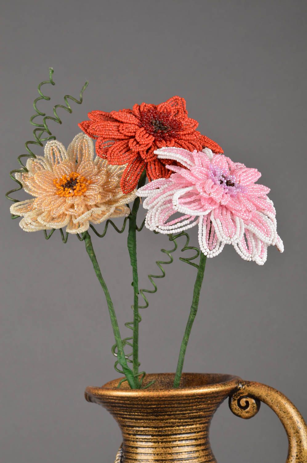 Set of 3 handmade designer artificial beaded flowers for interior decor photo 5