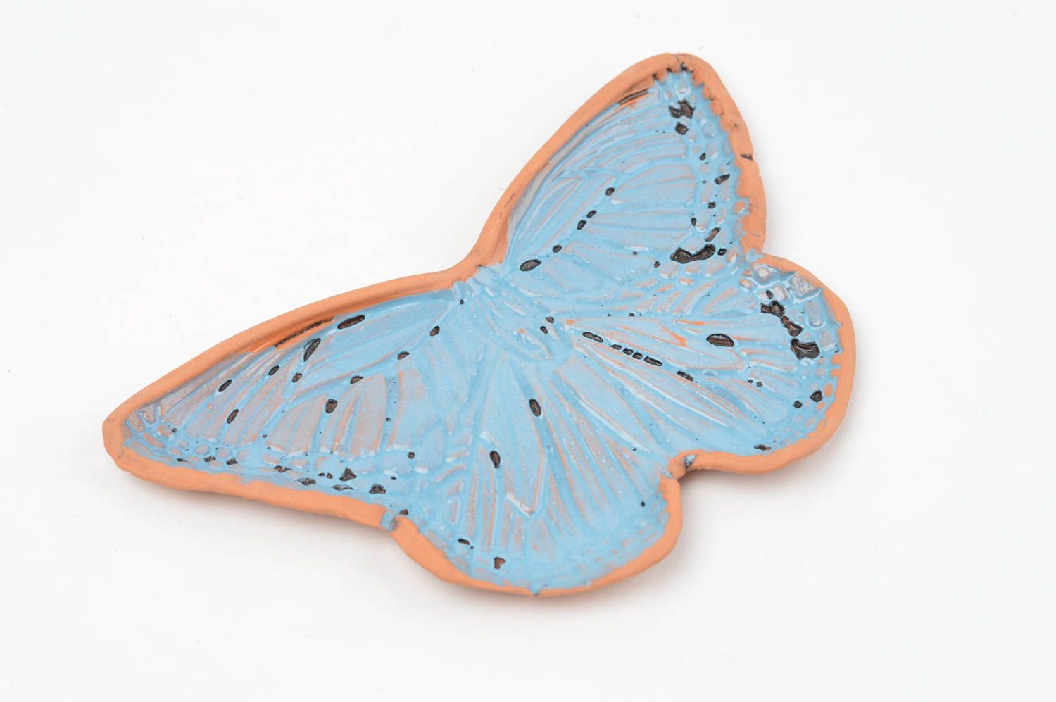 Dekorativer Teller aus Ton Schmetterling blau schön künstlerische Handarbeit foto 2