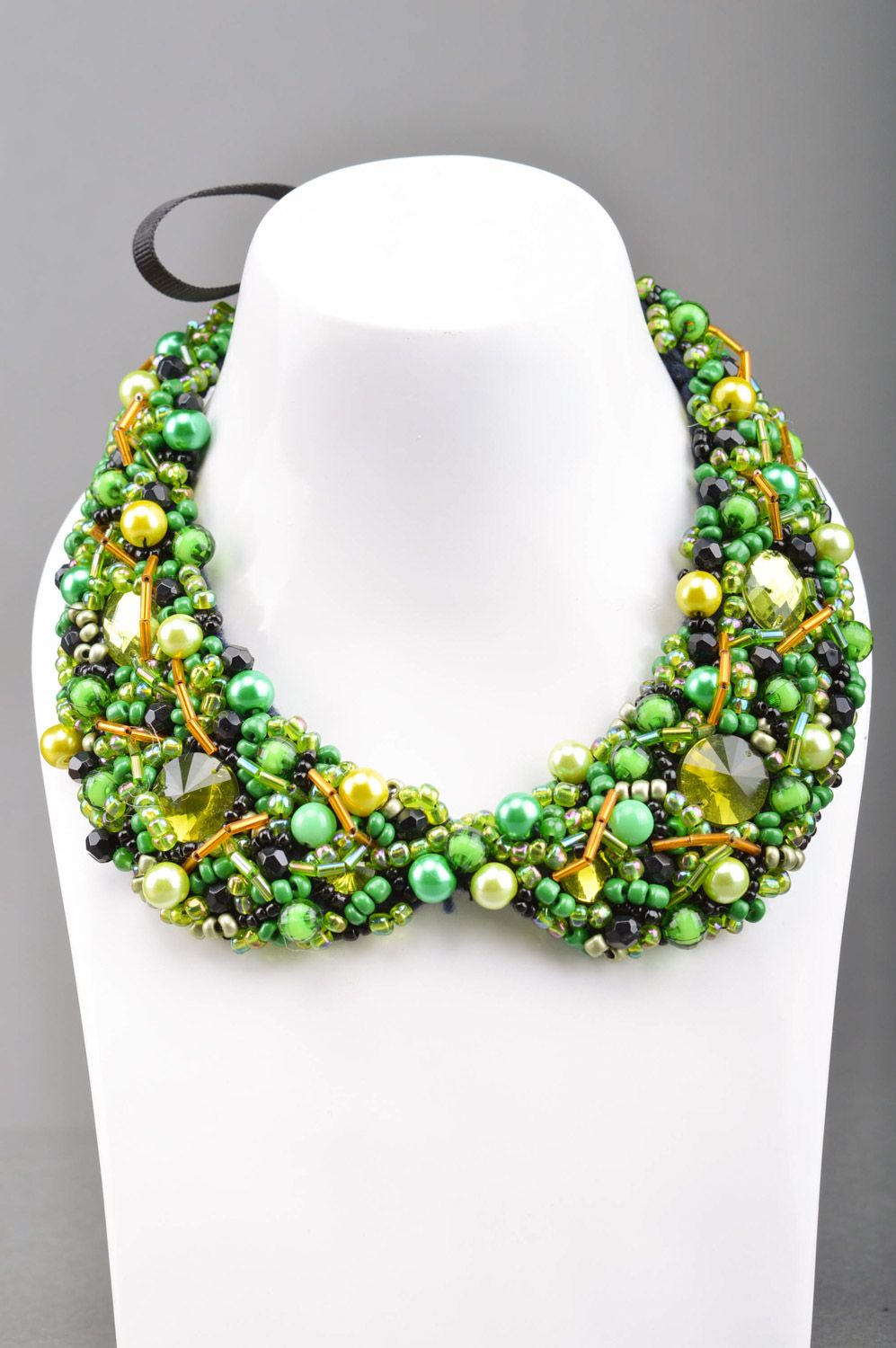 Saturated green handmade collar embroidered with beads and spangles with ribbons photo 4