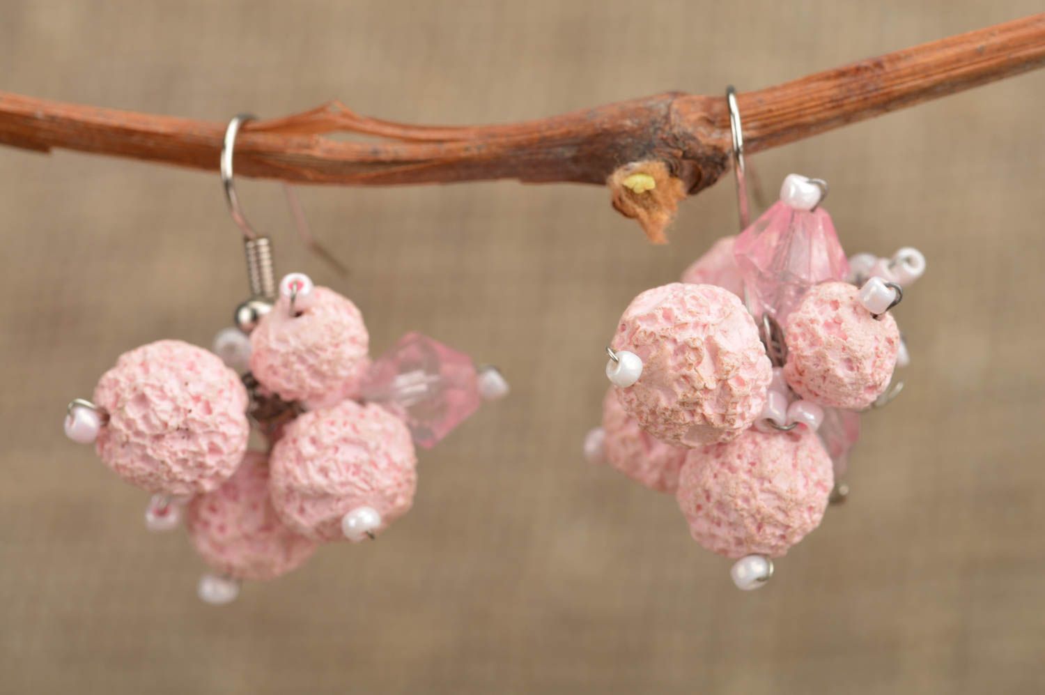 Handmade pink earrings made of polymer clay and beads on hooks photo 1