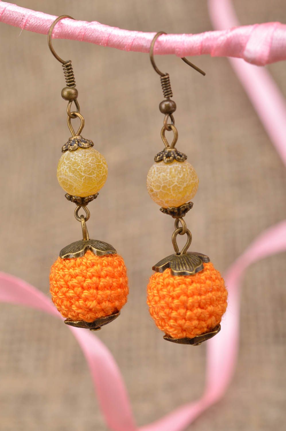 Handmade beaded crocheted earrings long yellow orange bright beautiful jewelry photo 1