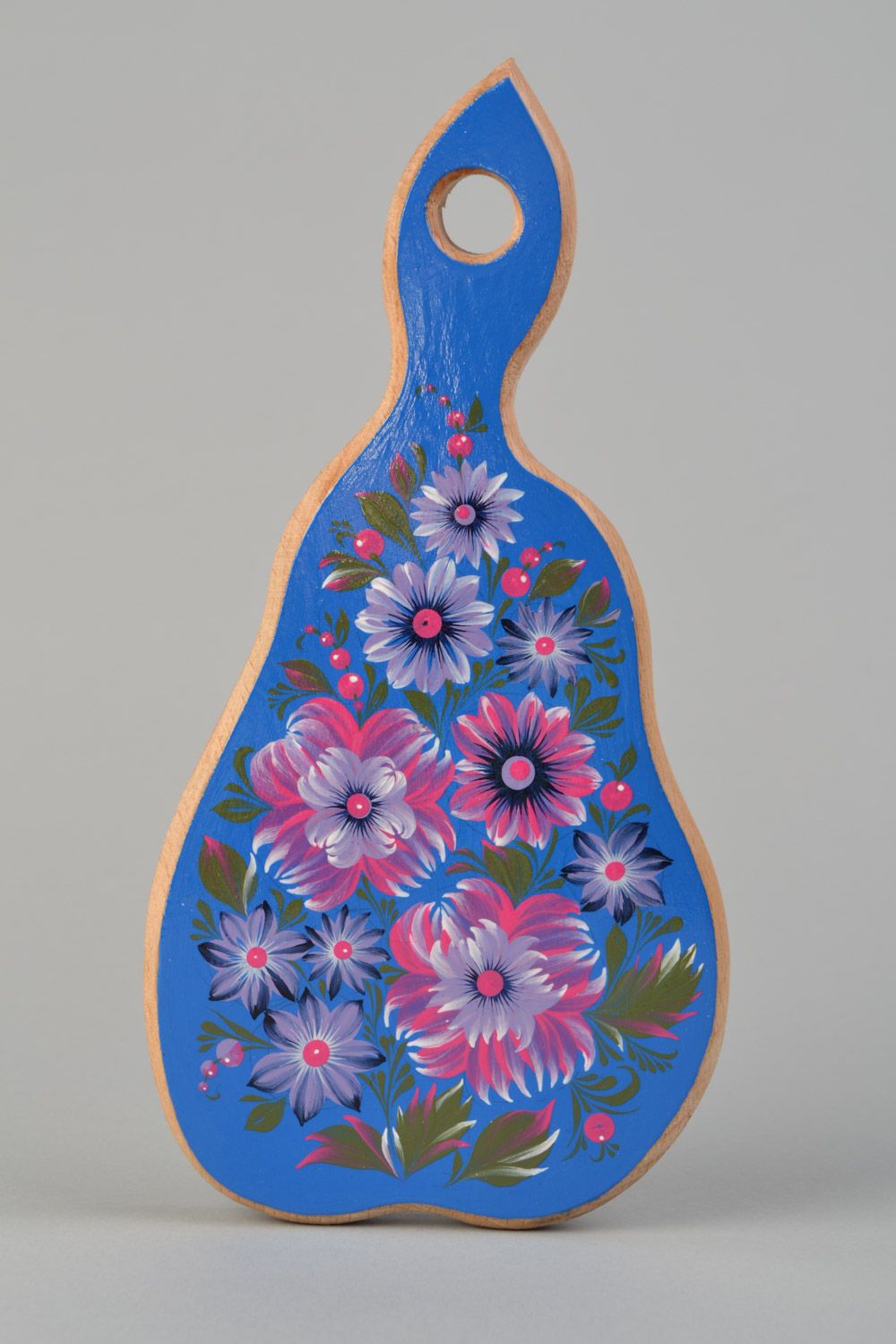 Pear shaped handmade decorative wooden chopping board with Petrikivka painting photo 1