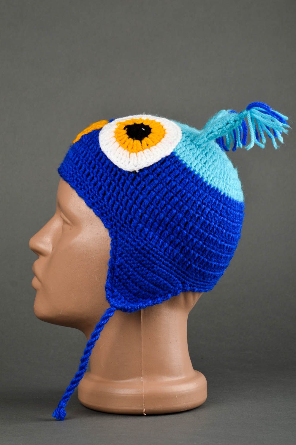 Bonnet hibou bleu fait main Bonnet enfant tricoté au crochet Vêtement enfant photo 3