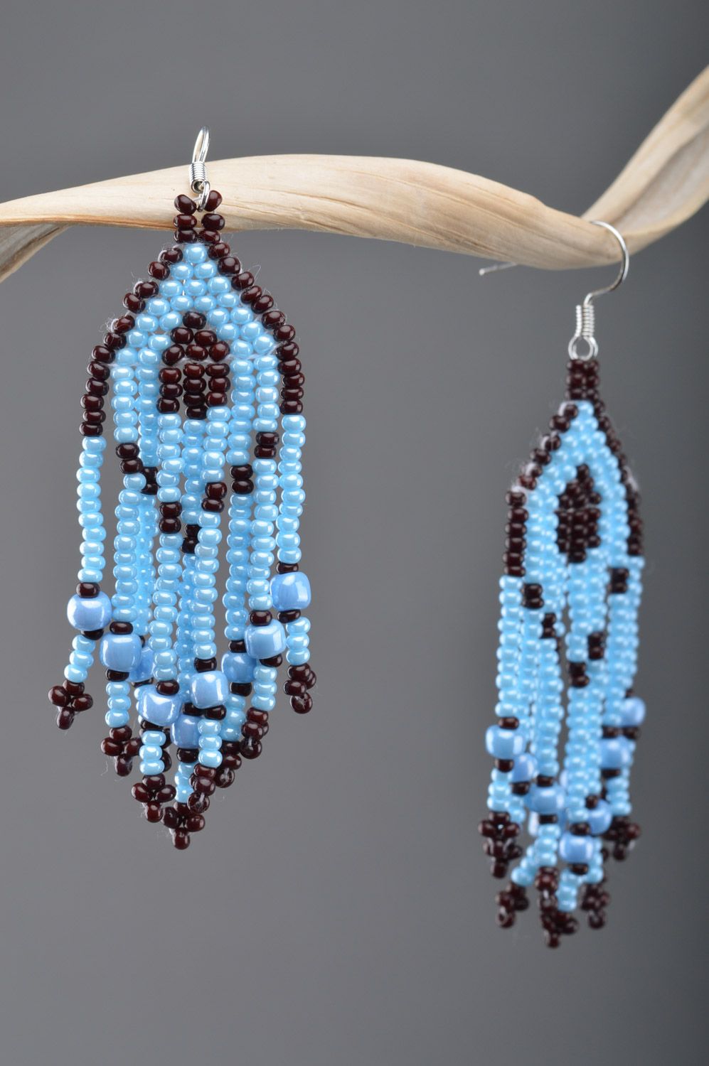 Handmade blue long beaded dangle earrings with fringe in ethnic style  photo 5