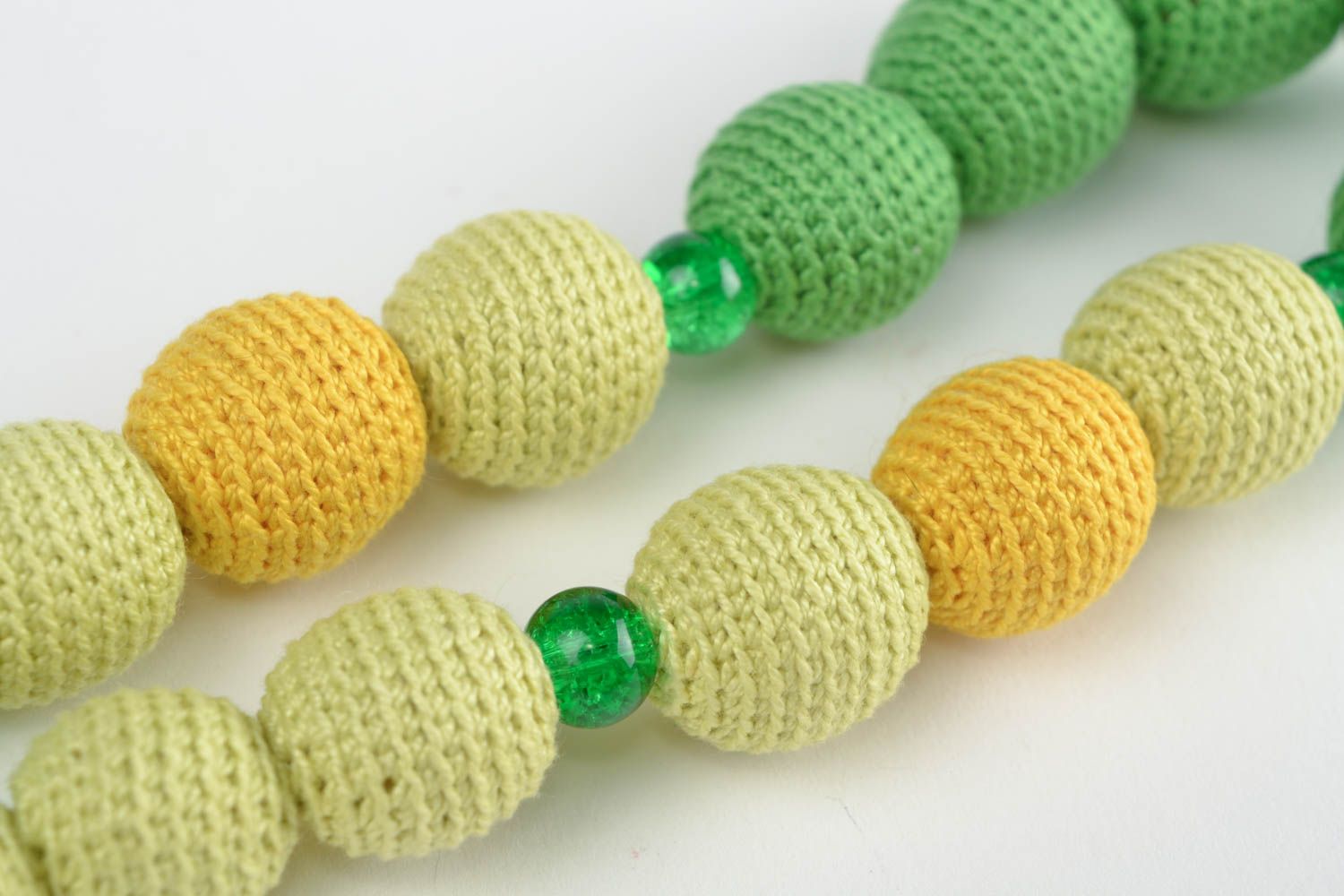 Beautiful interesting bright handmade crocheted bead necklace in shades of green photo 4