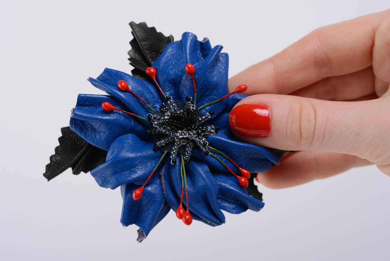 Beautiful handmade large blue leather flower brooch hair clip stylish photo 4