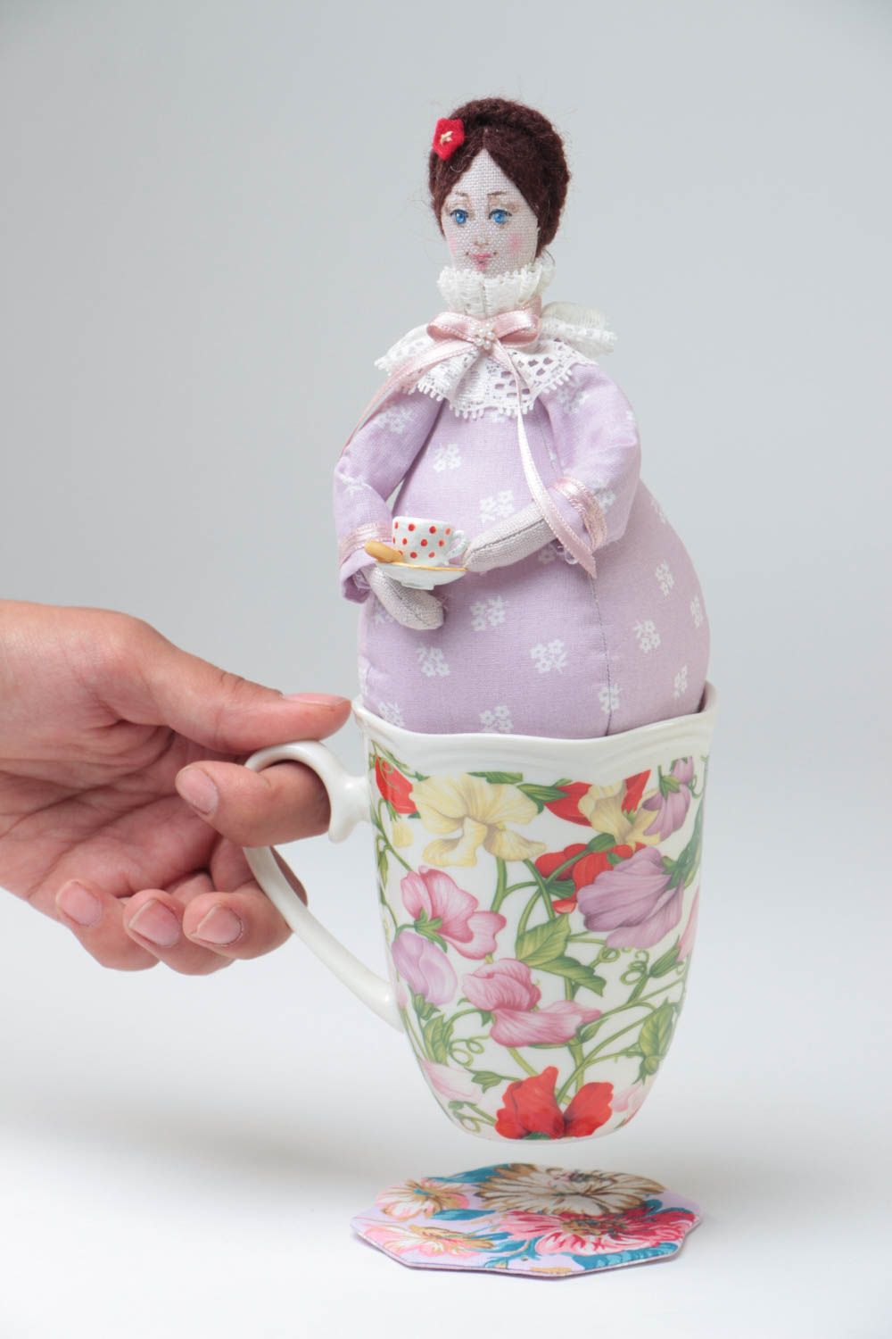 Handmade cotton and linen fabric soft doll Tea Fairy in lilac dress with cup photo 5