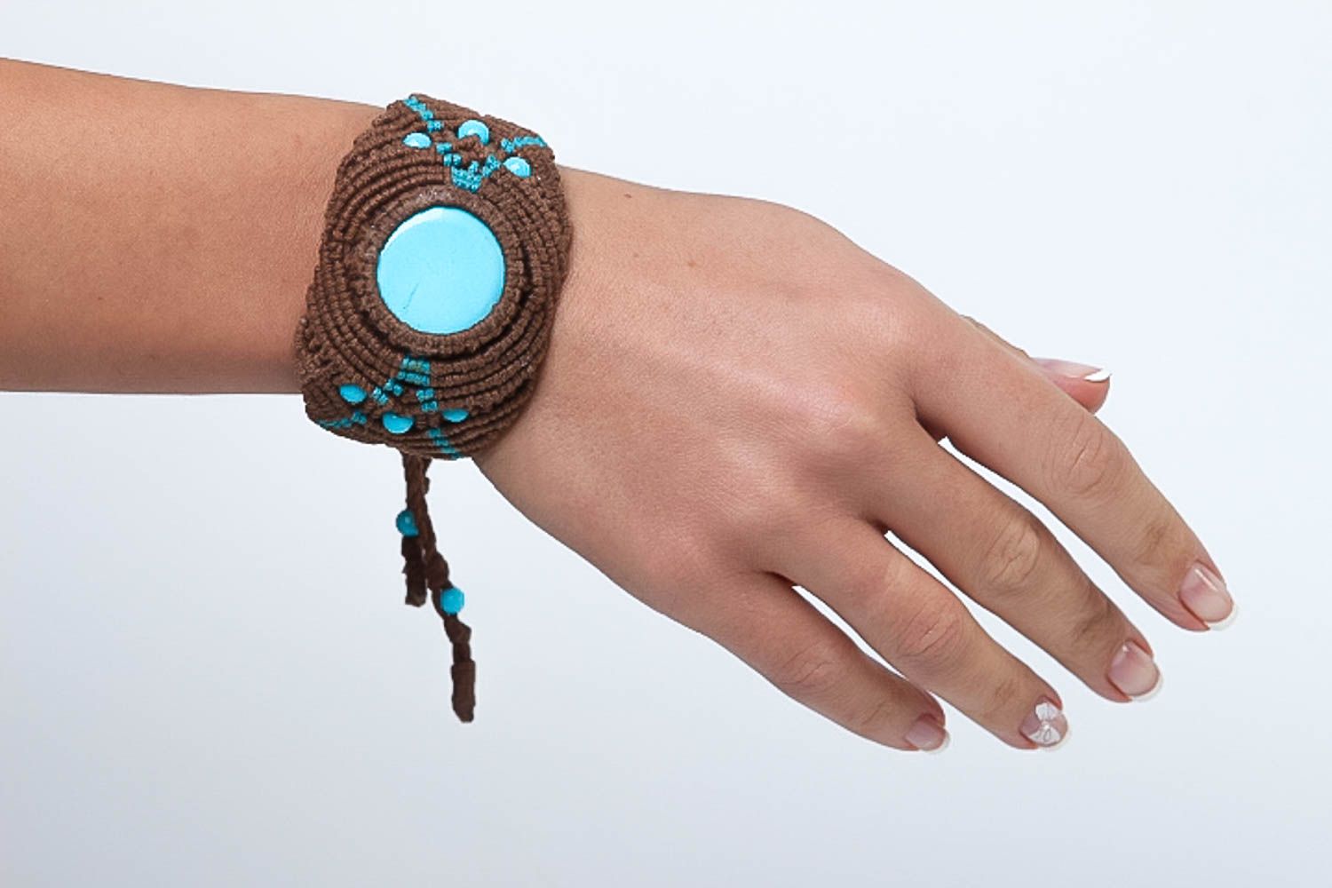 Bracelet textile Bijou fait main marron turquoise macramé Accessoire femme photo 5