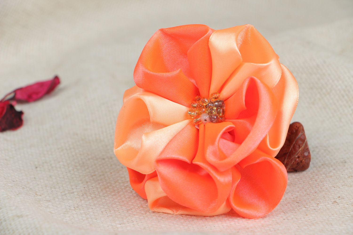 Handmade hair tie with volume flower of peach color sewn of satin fabric  photo 5