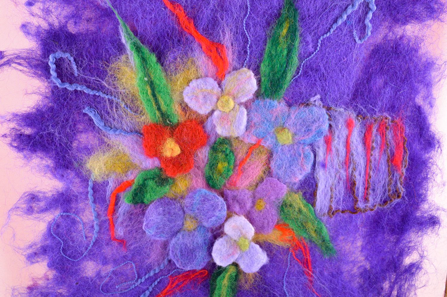 Tableau fait main Décoration murale Fleurs laine tulle Cadeau original photo 1