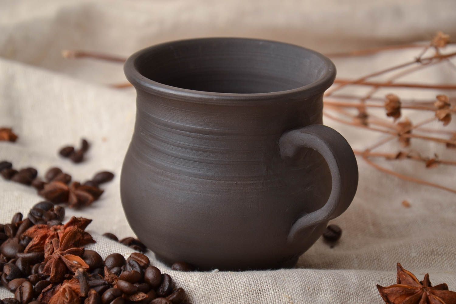 12 oz ceramic dark brown coffee cup with handle in rustic style photo 1