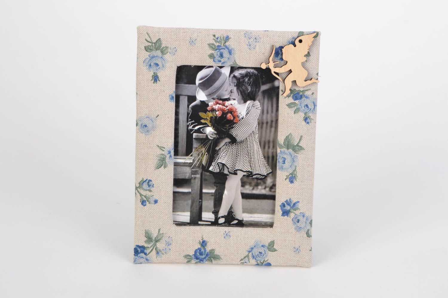 Cadre photo en tissu naturel beige à motif floral fait main vintage original photo 3