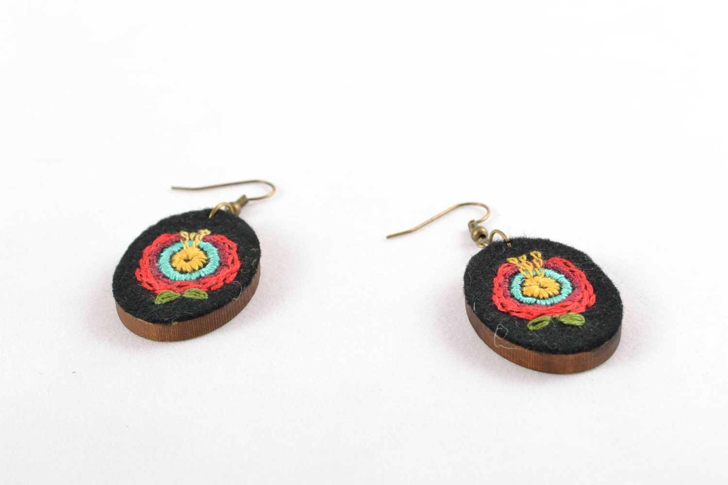 Wooden earrings with satin stitch embroidery Flowers photo 5