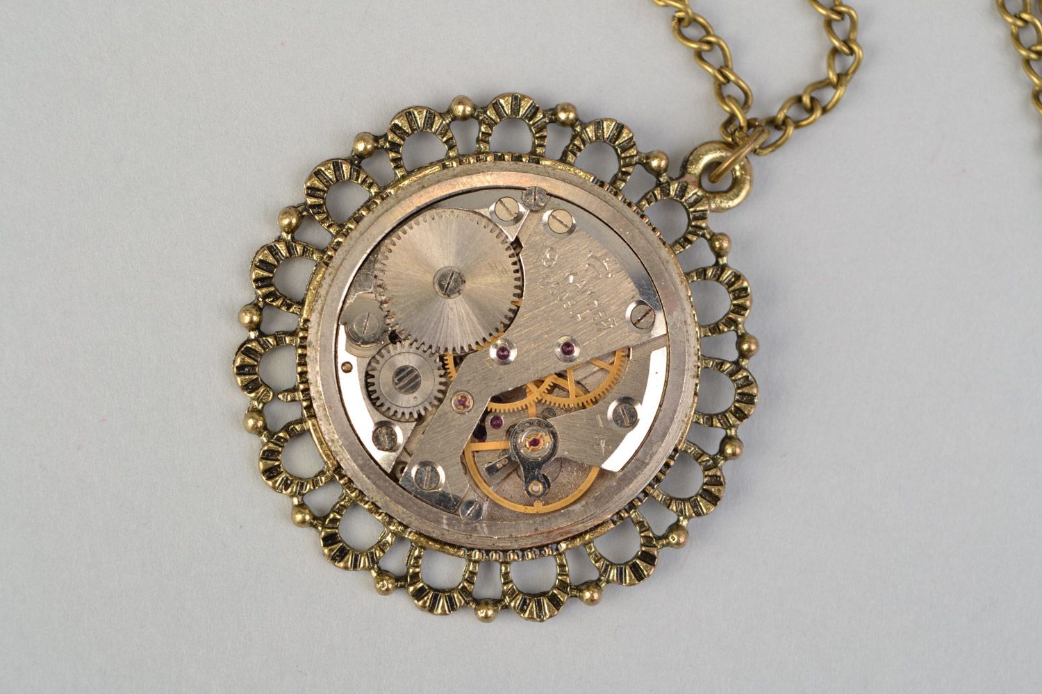 Handmade round metal pendant with clock details in steampunk style of long chain  photo 4